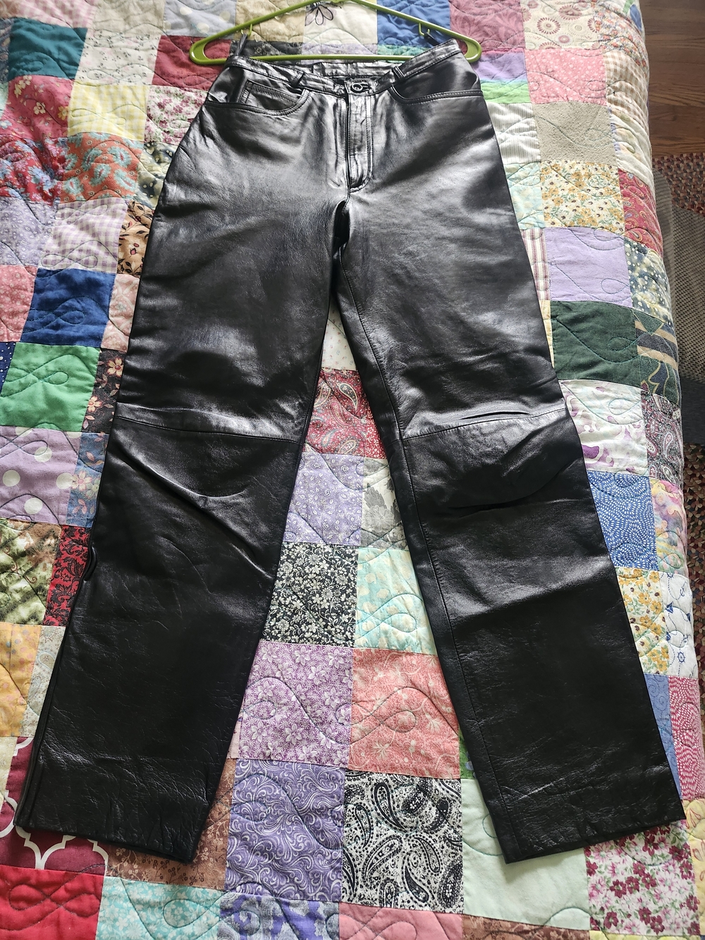 Womens Black Straight-Leg Leather Pants